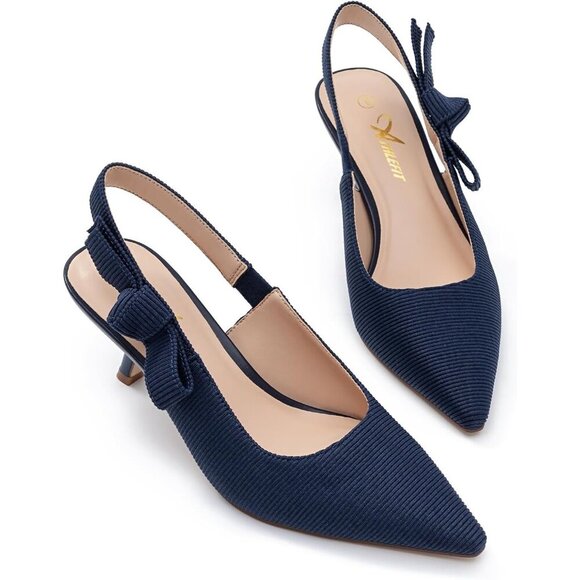 🆕Women's Navy Fabric Sling back Kitten Heels Closed Pointed Toe Bowknot Pumps - Picture 3 of 6